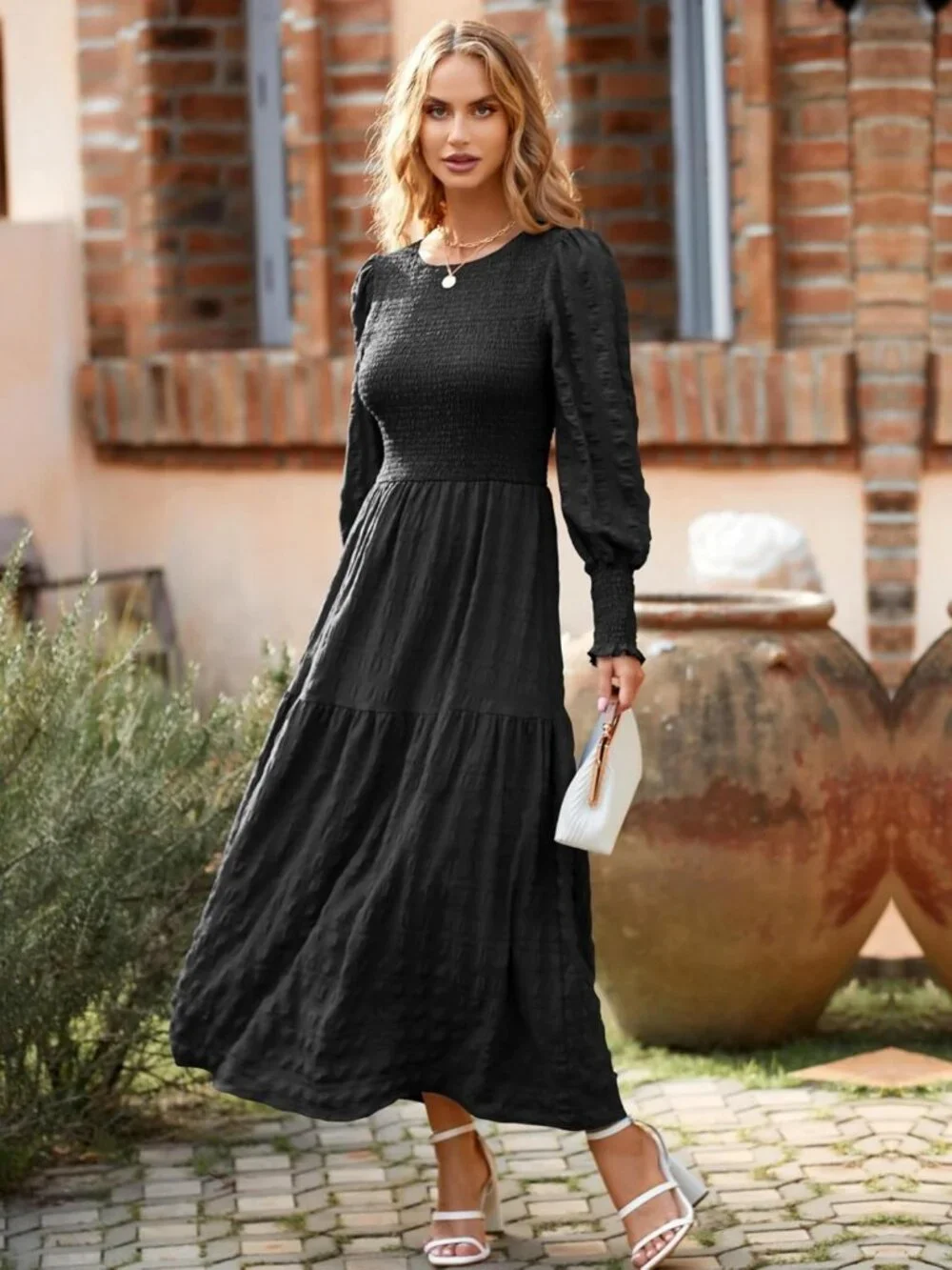 Spring Puff Long Sleeve Maxi Dress - Smocked Empire Waist, Tiered A-line, Flowy
